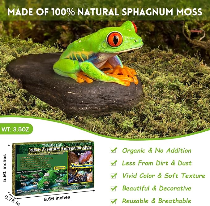 Riare 3.5 OZ Premium Sphagnum Moss for Reptiles- 4QT Natural Live Moss Reptile Moss Bedding for Terrarium, Hatching, Forest Sphagnum Moss Reptile Substrate for Snakes, Gecko, Turtles, Frogs, Leopard