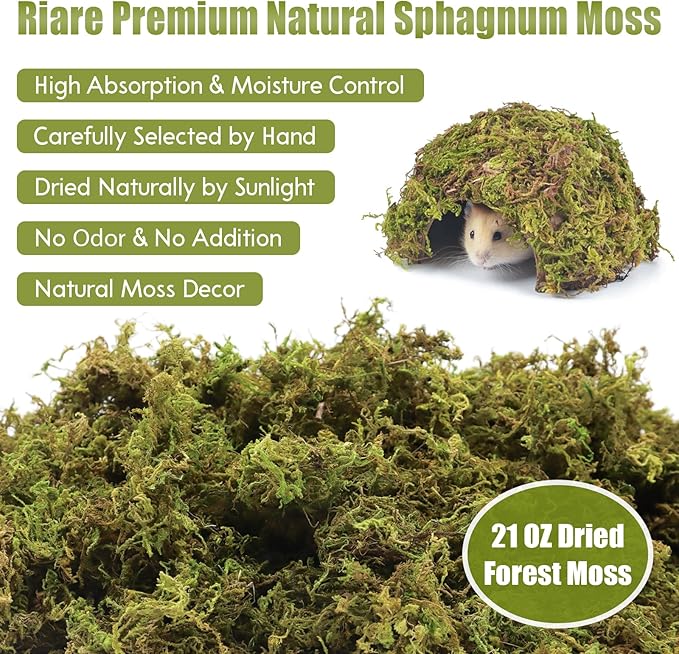 Riare 25QT Natural Sphagnum Moss for Reptiles -Soft Forest Reptiles Moss Bedding Nesting for Hamsters, Terrarium, Mices, Snakes, Turtle, Frog, Gecko Leopard (1.3LB)