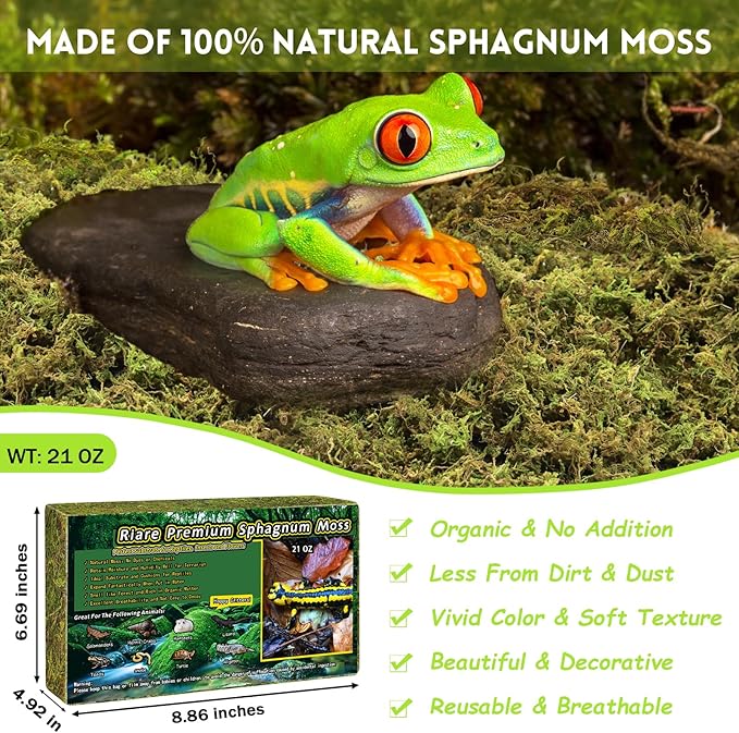 Riare 1.3LB Premium Sphagnum Moss for Reptiles- 50QT Natural Live Moss Reptile Moss Bedding for Terrarium, Hatching, Forest Sphagnum Moss Reptile Substrate for Snakes, Gecko, Turtles, Frogs, Leopard