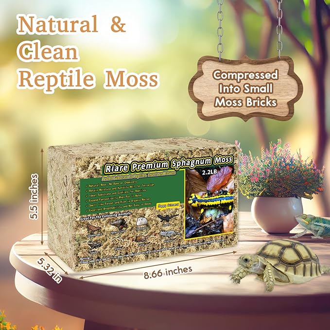 Riare 2.2LB Natural Sphagnum Moss for Reptiles- 50QT Reptile Substrate Moss for Terrarium, Frogs Snake Bedding for Leopard Gecko Turtle Anoles Salamanders Ball Python Snake