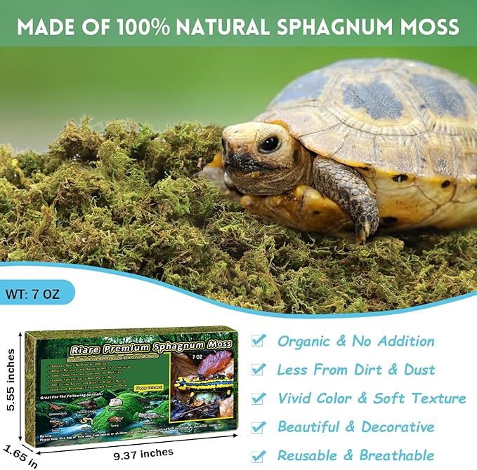Riare 7 OZ Premium Sphagnum Moss for Reptiles- 10QT Natural Live Moss Reptile Moss Bedding for Terrarium, Hatching, Forest Sphagnum Moss Reptile Substrate for Snakes, Gecko, Turtles, Frogs, Leopard