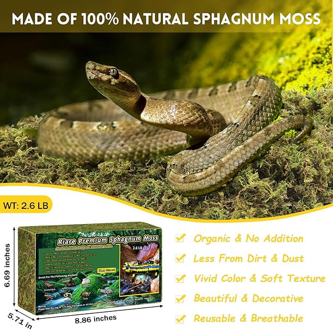 Riare 2.6LB Premium Sphagnum Moss for Reptiles- 100QT Natural Live Moss Reptile Moss Bedding for Terrarium, Hatching, Forest Sphagnum Moss Reptile Substrate for Snakes, Gecko, Turtles, Frogs, Leopard