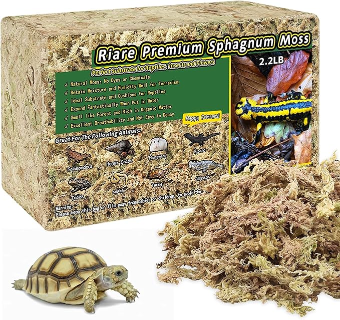 Riare 2.2LB Natural Sphagnum Moss for Reptiles- 50QT Reptile Substrate Moss for Terrarium, Frogs Snake Bedding for Leopard Gecko Turtle Anoles Salamanders Ball Python Snake