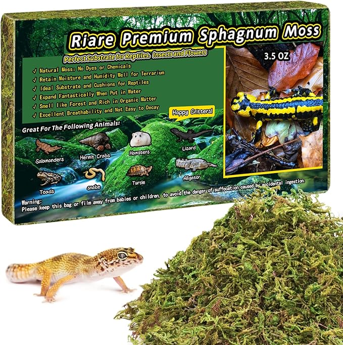 Riare 3.5 OZ Premium Sphagnum Moss for Reptiles- 4QT Natural Live Moss Reptile Moss Bedding for Terrarium, Hatching, Forest Sphagnum Moss Reptile Substrate for Snakes, Gecko, Turtles, Frogs, Leopard