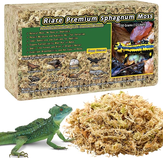 Riare 5.3OZ Premium Sphagnum Moss for Reptiles- 6QT Natural Reptile Moss Dried, Forest Live Moss for Terrarium, Frogs Snake Peat Moss Bedding for Leopard Gecko Turtle Anoles Salamanders Orchids